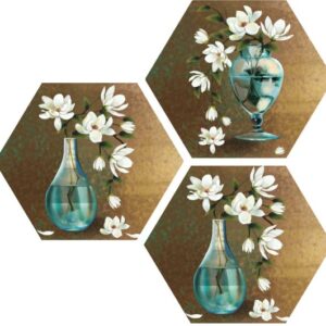 Private Label Masstone White Lotus Flower Art Floral 3 Piece Hexagon MDF Painting Digital Reprint 21.5 inch