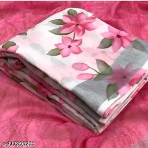 Private Label Linen Slik Digital Printed White Color Saree