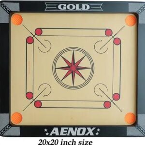Aenox Sports 20 Inches Heavy Wooden Gloss Finish with Coins Powder Stricker 55 cm Carrom Board