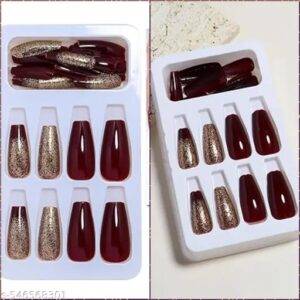 24 Artificial Reusable Nails Maroon Gold Colour
