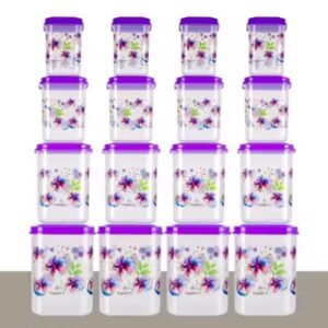 Private Label Square Shape Flower Printed Grocery Container For Kitchen Storage pack of 16 Purple