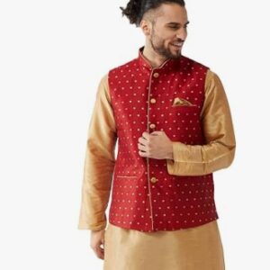 Mens Rose Gold And Maroon Silk Blend Jacket Kurta