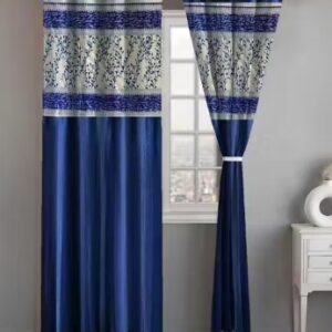 Lunar Day Floral Door Patch Curtain 7 Feet Set of 2 Long Crush Eyelet Printed Polyester Curtain for Living Room Blue