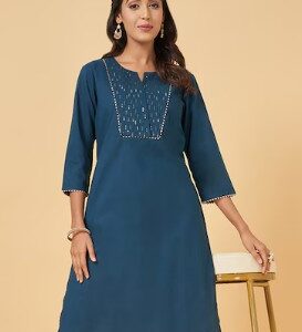 Pantaloons Teal Printed Above Knee Festive Women Kurta Size L Balsam