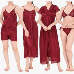 Satin Nighty Suit Night Dress Women Nightwear Set 6 Piece Girl mLadies Night Gown Black