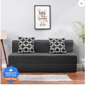 Solis Primus comfort for all 5X6 size for 3 Person Jute Fabric Washable Cover 3 Seater Double Foam Fold Out Sofa Cum Bed Finish Color Dark Grey Delivery Condition Pre assembled