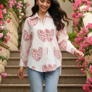 Printed Asymmetrical Cotton Shirt size XL Color Red Floral Heart Print