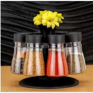 Private Label 8 Pcs Sets Airtight Masala Box For Kitchen Masala Container For Kitchen Spice Jars Multi Storage Container For Kitchen Easy Flow Spice Storage Container With Tray Spice Jars Plastic Black