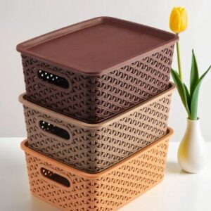 Privet Label Beige Brown Green 3 Pieces Multipurpose Storage Basket With Lid