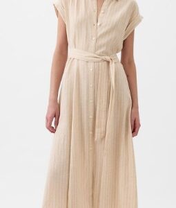 GAP Limited Edition Striped Linen Cotton Shirt Style Midi Dress With Belt size L colour beige