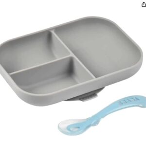 Baba Baby Plate Silicone Divided Plate with Suction Cup Silicone Spoon Grey 3 Compartment Microwave