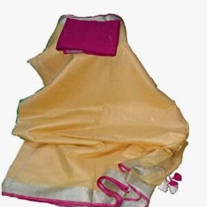 Private Label Brand Kahkashan Naz Boutique KNB Naz Boutique Bhagalpuri Handloom Women s Linen Slub Blend Saree and blous Yellow Colour