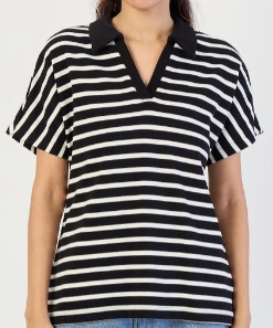 FEMMELLA Women Striped Polo Collar Pure Cotton Relaxed Fit T shirt black and white colour size M