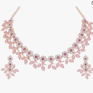 Private Label Brado Jewellery Rosegold Polished AD Crystal Choker Necklace Jewellery Set with Matching Earrings