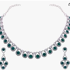 Private Label Brado Jewellery Oxidised Silver Plated Artificial Stone Studded Necklace Jewellery set with 1 Pair of Earring