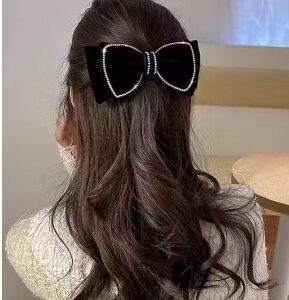 Private Label Velvet hair bowclip Black With Diamond