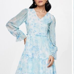 AND Floral Printed V Neck Bell Sleeve Gathered Tiered Fit and Flare Dress size 18