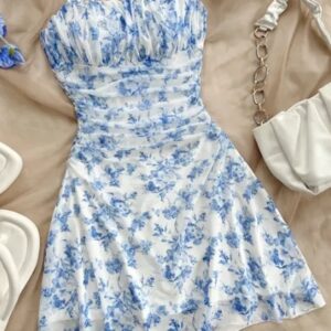 NEW ME White Floral Fit Flare Mini Dress Colour Blue and White Size XS
