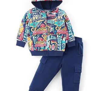 Babyhug Terry Knit Full Sleeves Hooded Sweatjacket and Joggers Set Text Print Multicolour size 5 year