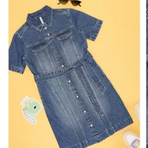 Pantaloons Junior Medium Blue Solid Knee Length Casual Girls Relaxed Fit Dress For 11 to 12 Yrs