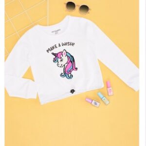 Pantaloons Junior White Printed Casual Full Sleeves Round Neck Girls Relaxed Fit TShirt For 4 to 5 Yrs