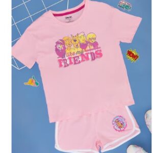 Pantaloons Junior Pink Printed Sleepwear Half Sleeves Round Neck Girls Oversized tShirts For 8 TO 9 Yrs