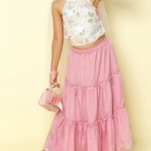 Taffykids floral printed sequins work ethnic choli and tiered skirt set with dupatta Pink Size 3 4 Year