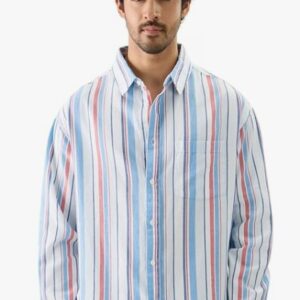 The Souled Store Stripes Blue Red Men and Boys Long Sleeve Collared Neck Button Front Cotton Relaxed Fit Shirts size M multicolour