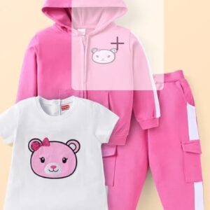 Babyhug Terry Knit Full Sleeves Hooded Sweatjacket Lounge Pant Set With T Shirt Animal Patch Dark Pink White Size 3 To 6 Month