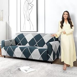 Elastic Stretchable Triple Seater Sofa Cover Blue Rhombus