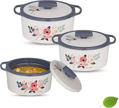 Trueware Flora White And Grey Colour Set Of 3 Bowl 80010001200 Ml For Kitchen