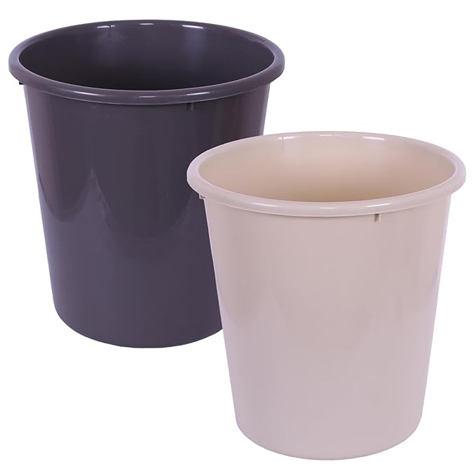 Kuber Industries Plastic Garbage Dustbin Open Dustbin 10 Ltr Pack Of 2 Multi Plain Sada For Kitchen Bathroom Office Colour Black Cream