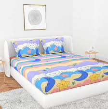 Cotton Gold Good Night Text Printed One Double Bed Sheet 2 Pillow Covers Multicolour