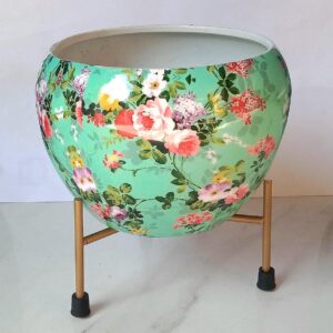Green Color Floral Printed Plant Pot With Stand