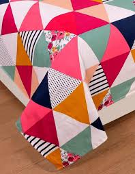 140 Tc 100 Cotton Feel Bedsheet King Size Double Bed 90 X 90 Inches 2 Pillow Glace Cotton Bedsheet Soft And Breathable Multicolor With Triangle Print