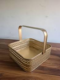 As Traders Decorative Metal Pooja Basket With Handle Gold Finish Floral Pattern