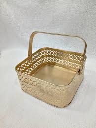 Golden Metal Square Decorative Basket With Handle Iron Flower Basket