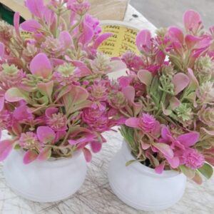 Pink And Green Artificial Flower With Pot Set Of 2
