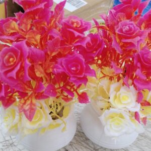 Attractive Look Artificial Pink And Yellow Flowers With Pot Set Of 2