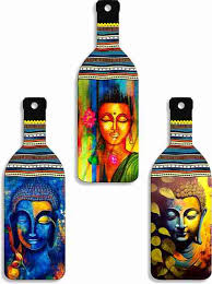 Multicolor Buddha Printed Decorative Wooden Bottle 3Pcs