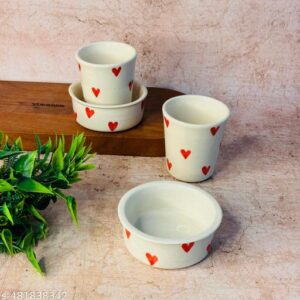 Ceramic Glass Shape Cup And Bowl Shape Saucer With Handpainted Red Hearts Set Of 1