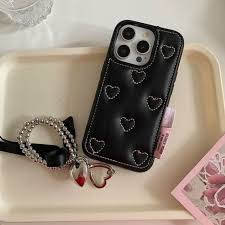 Mobile Cover For Iphone 15 Black Colour Pink Hearts