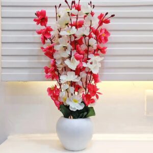 Artsy White Red Cherry Blossom Artificial Flowers With Pot