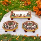 Marble Pooja Chowki Peacock Design For Ganesh Ji Pack Of 3