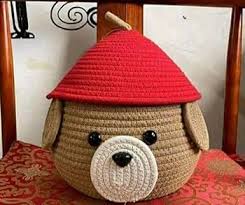 Red And Brown Colour Teddy Decorative Cotton Rope Storage Basket For Home