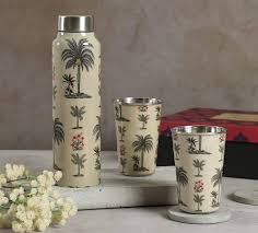 India Circus Stainless Steel Light Green Colour Tree Printed Bottle With 2 Glass