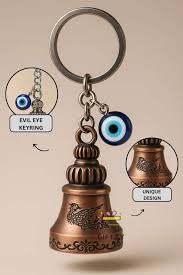 Bell Keychain With Evil Eye Design Brown Colour