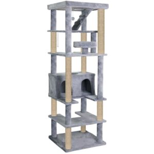 Multilevel Fur Fabric Cat Tree Ladder Grey For Adult Cats Kittens