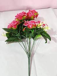 Plastic Pink And Yellow Rose Artificial Flower Bushes