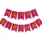 Hanging Happy Birthday Wall Banner With Shiny Glittery Letters And Thread Pink
